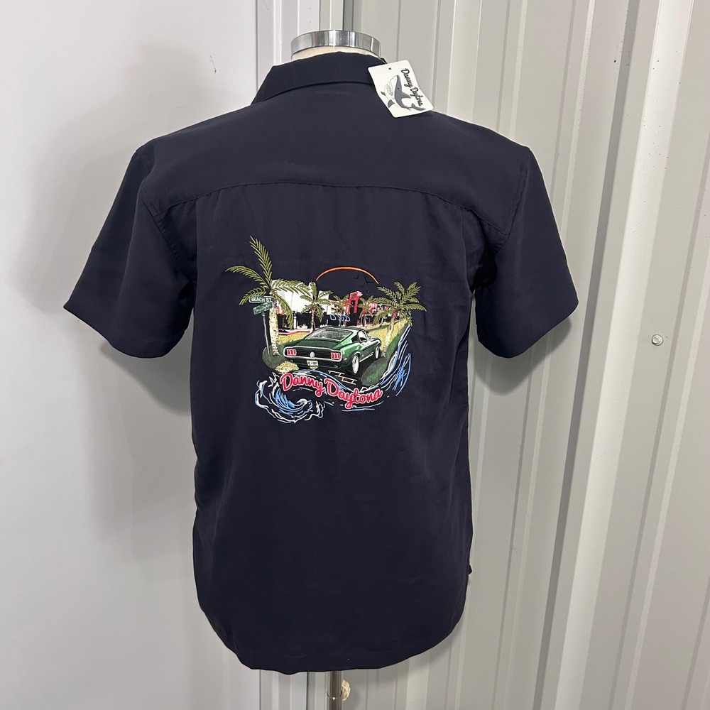 Harriton Danny Daytona Mustang Embroidered Camp Shirt Navy Blue Mens Small NWT